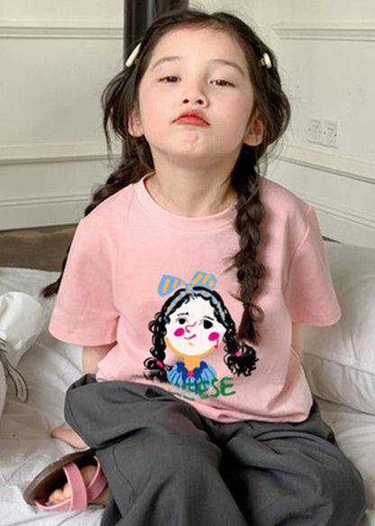New Pink O Neck Print Cotton Kids T Shirt Summer