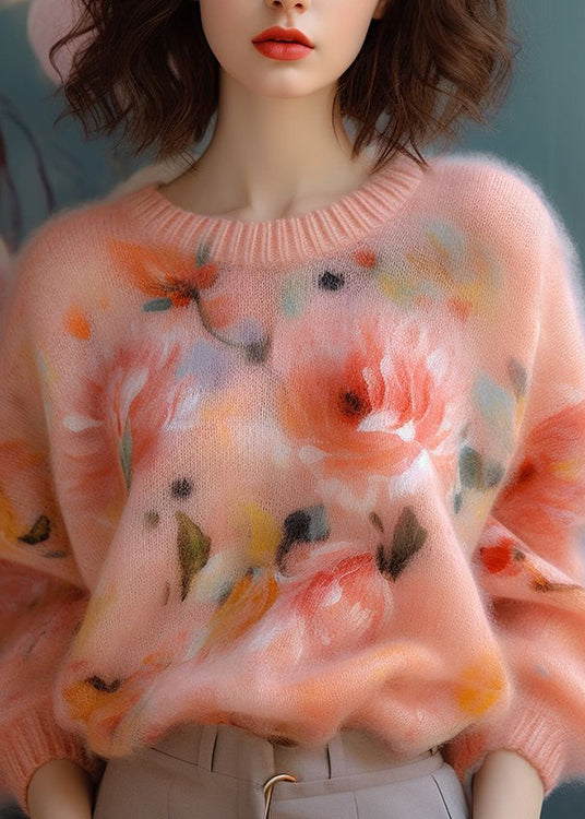 New Pink O Neck Thick Print Cotton Blend Sweater Spring