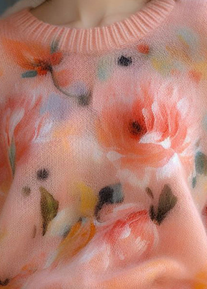 New Pink O Neck Thick Print Cotton Blend Sweater Spring