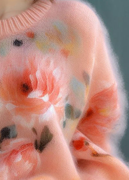 New Pink O Neck Thick Print Cotton Blend Sweater Spring