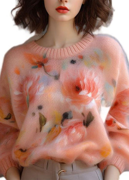 New Pink O Neck Thick Print Cotton Blend Sweater Spring
