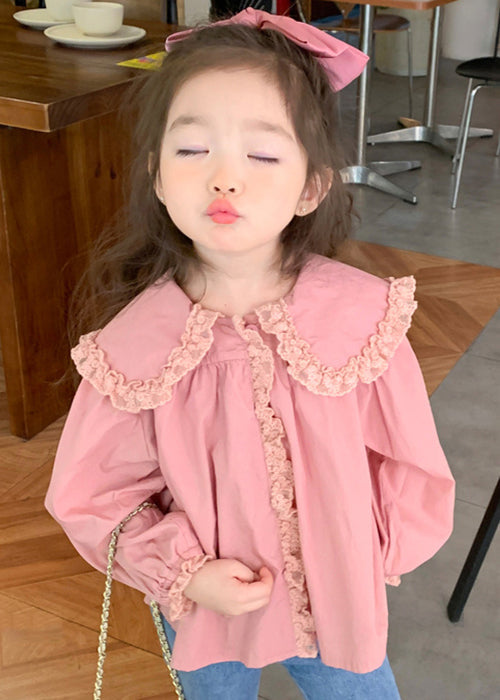 New Pink Peter Pan Collar Lace Patchwork Cotton Blouses Spring