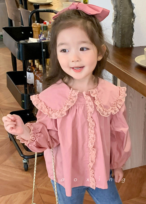 New Pink Peter Pan Collar Lace Patchwork Cotton Blouses Spring