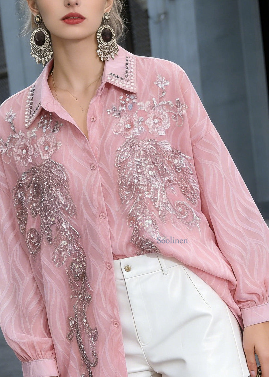 New Pink Peter Pan Collar Nail Bead Sequins Shirts Spring