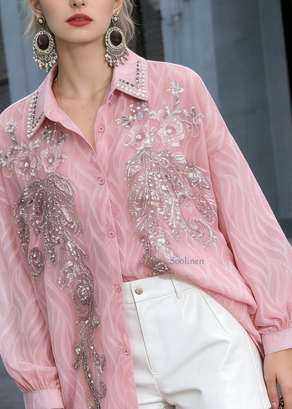 New Pink Peter Pan Collar Nail Bead Sequins Shirts Spring
