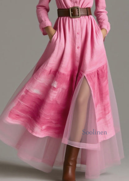 New Pink Peter Pan Collar Print Patchwork Cotton Dress Spring