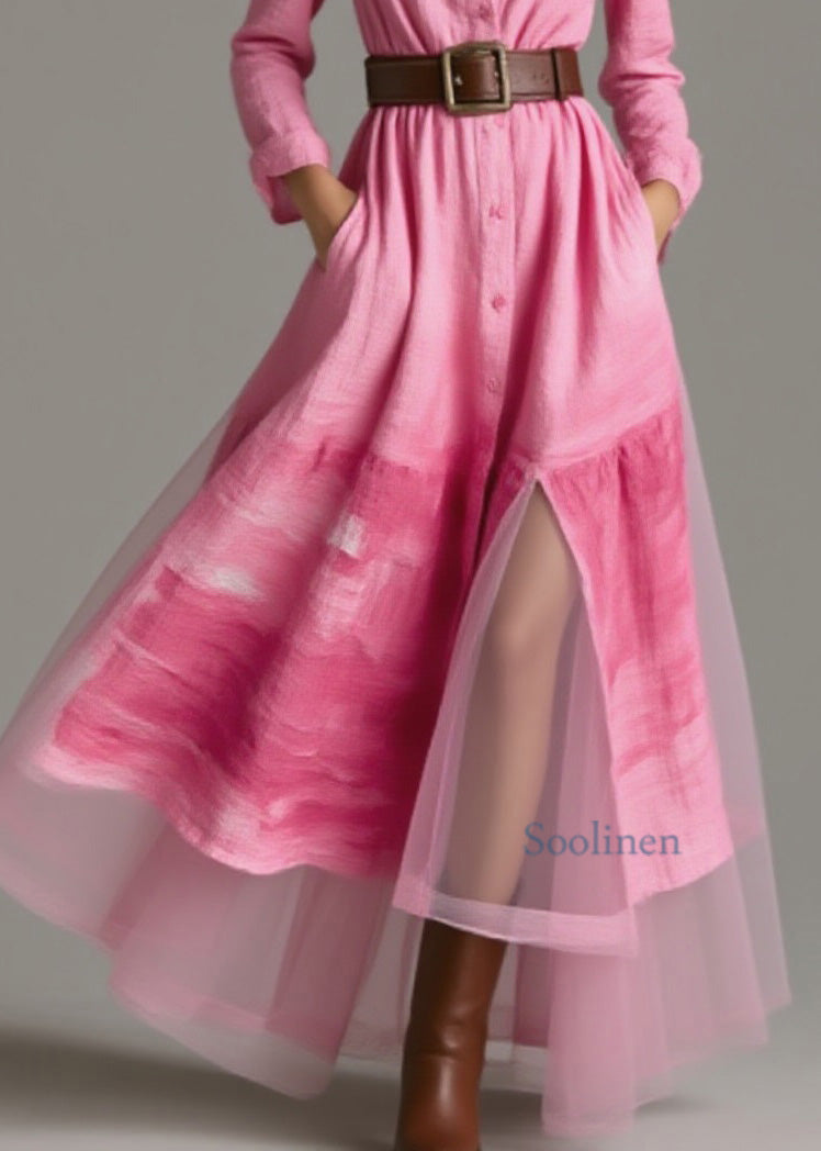 New Pink Peter Pan Collar Print Patchwork Cotton Dress Spring