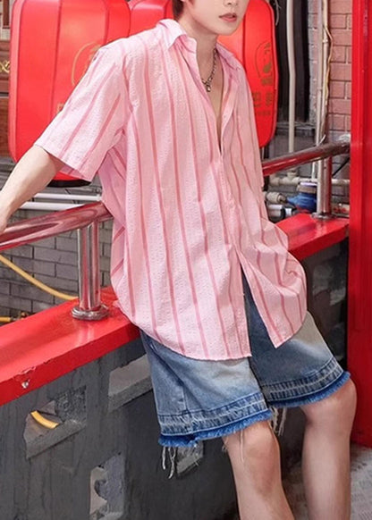 New Pink Peter Pan Collar Striped Ice Silk Shirts Summer