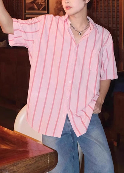 New Pink Peter Pan Collar Striped Ice Silk Shirts Summer