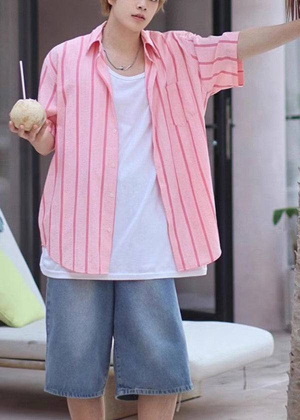 New Pink Peter Pan Collar Striped Ice Silk Shirts Summer