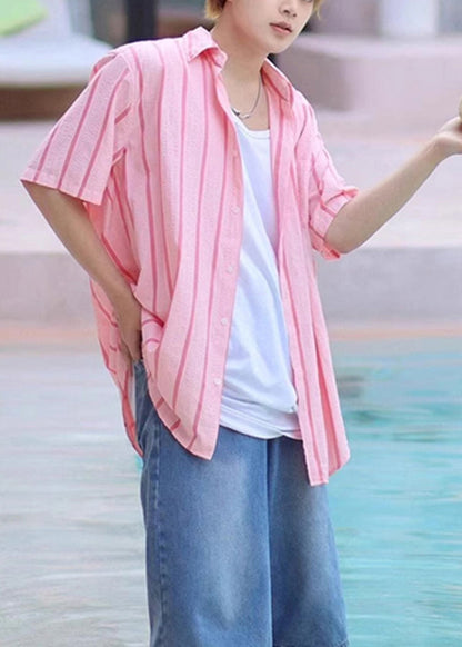 New Pink Peter Pan Collar Striped Ice Silk Shirts Summer