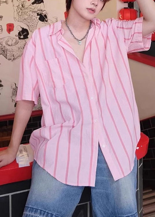 New Pink Peter Pan Collar Striped Ice Silk Shirts Summer