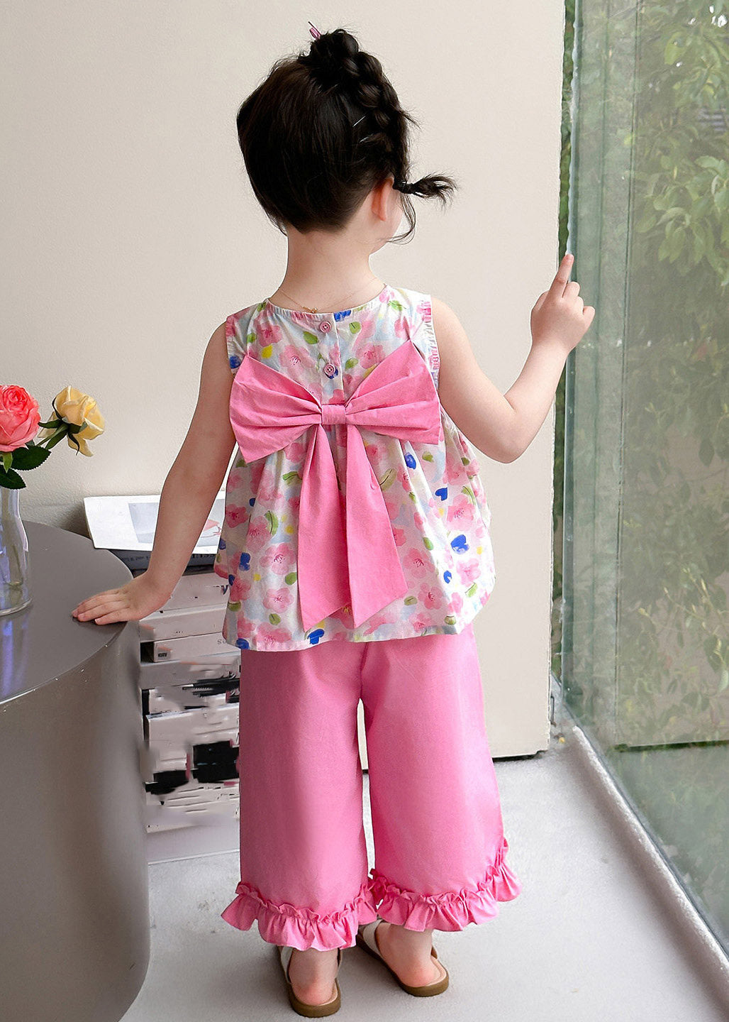 New Pink Print Bow Vest and Crop Pants Two Pieces Set Summer