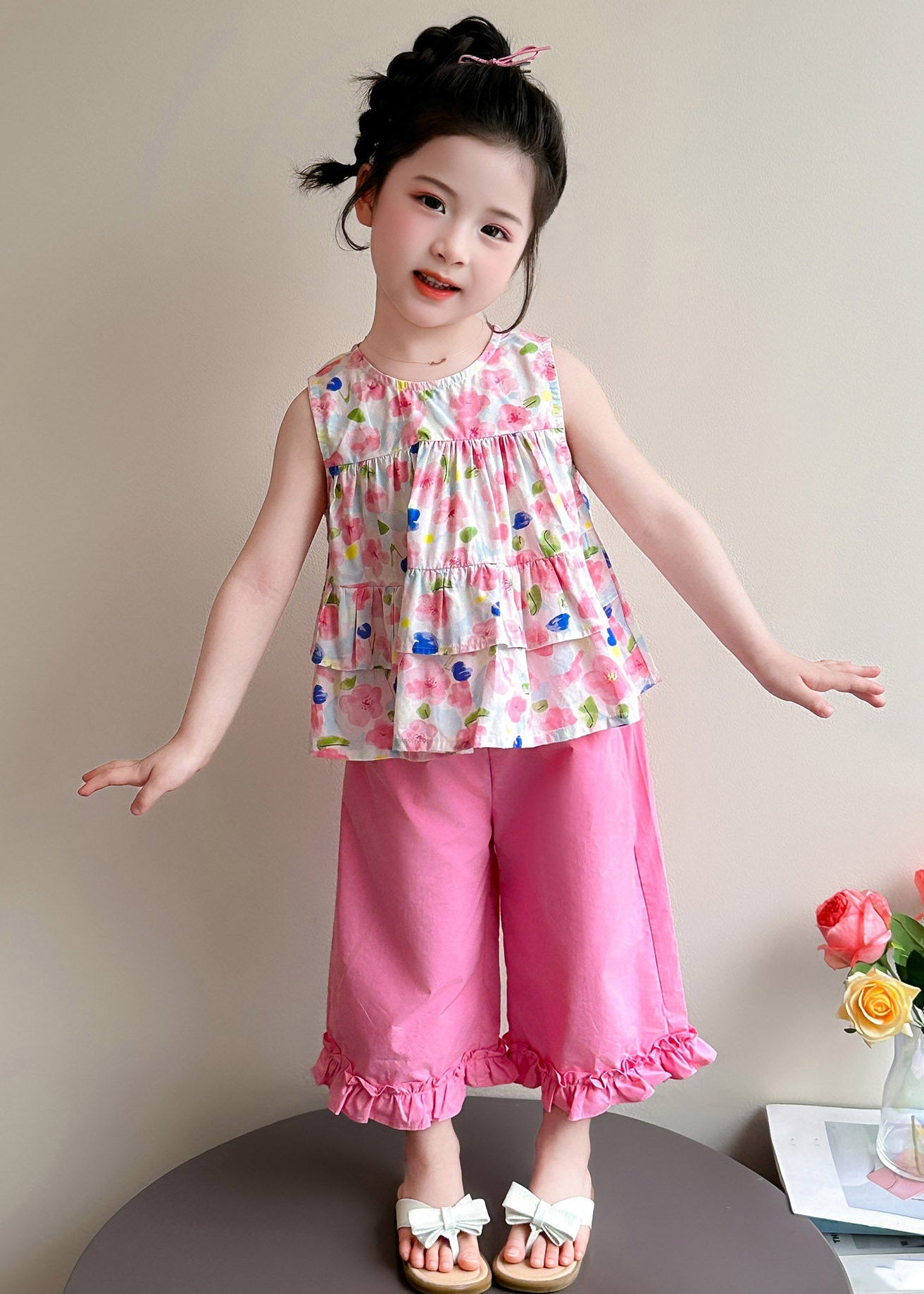 New Pink Print Bow Vest and Crop Pants Two Pieces Set Summer