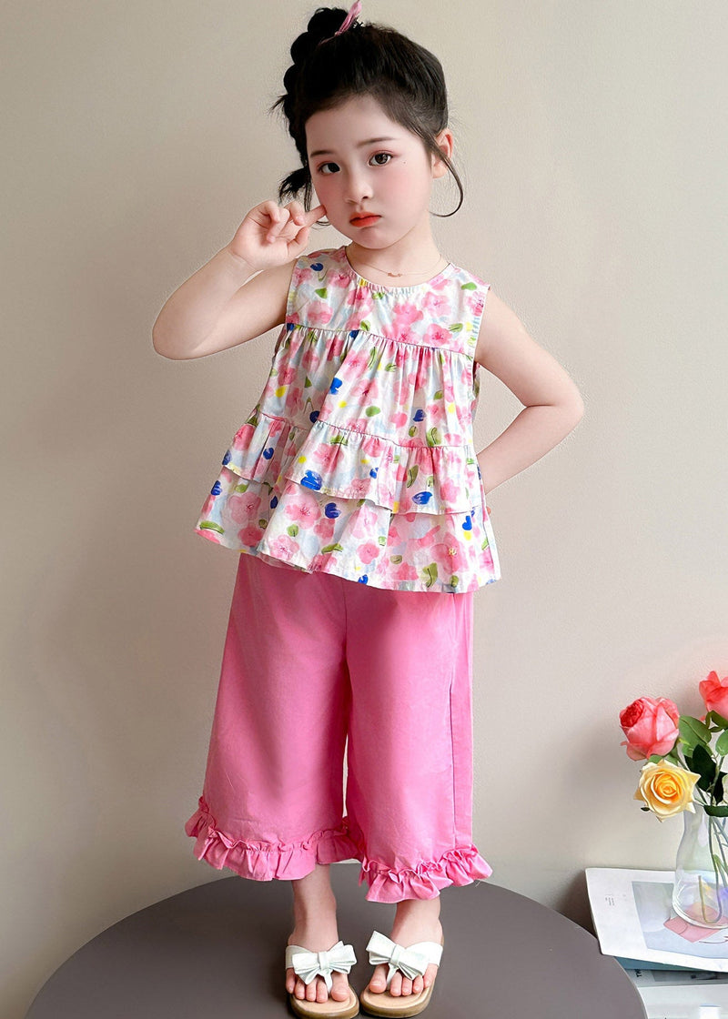 New Pink Print Bow Vest and Crop Pants Two Pieces Set Summer