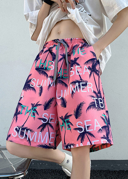 New Pink Print Pockets Elastic Waist Cotton Beach Shorts Summer