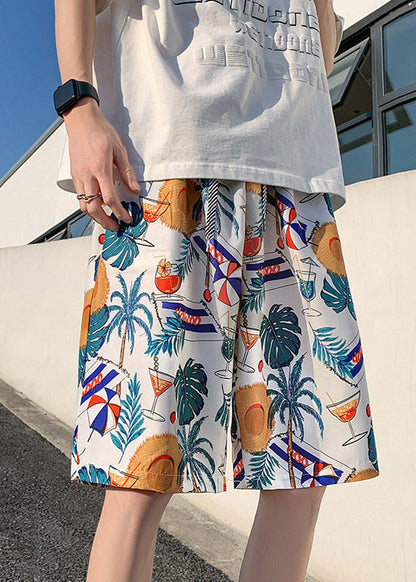 New Pink Print Pockets Elastic Waist Cotton Beach Shorts Summer
