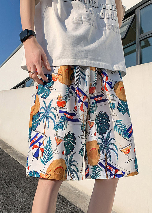 New Pink Print Pockets Elastic Waist Cotton Beach Shorts Summer