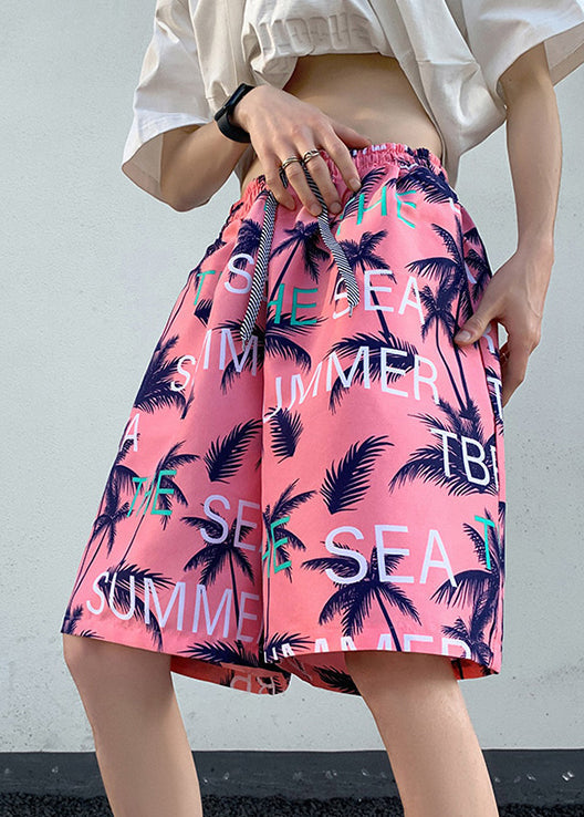 New Pink Print Pockets Elastic Waist Cotton Beach Shorts Summer