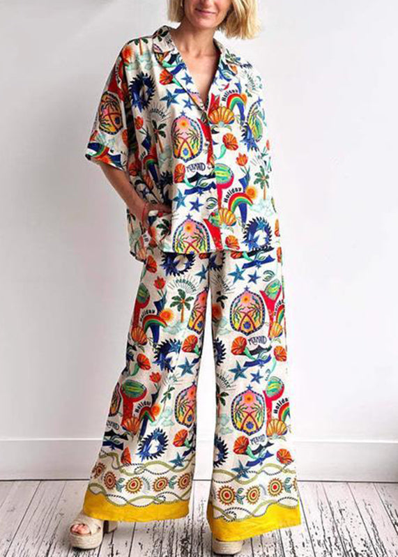New Pink Print Shirts and Wide Leg Pants Two Pieces Set Summer