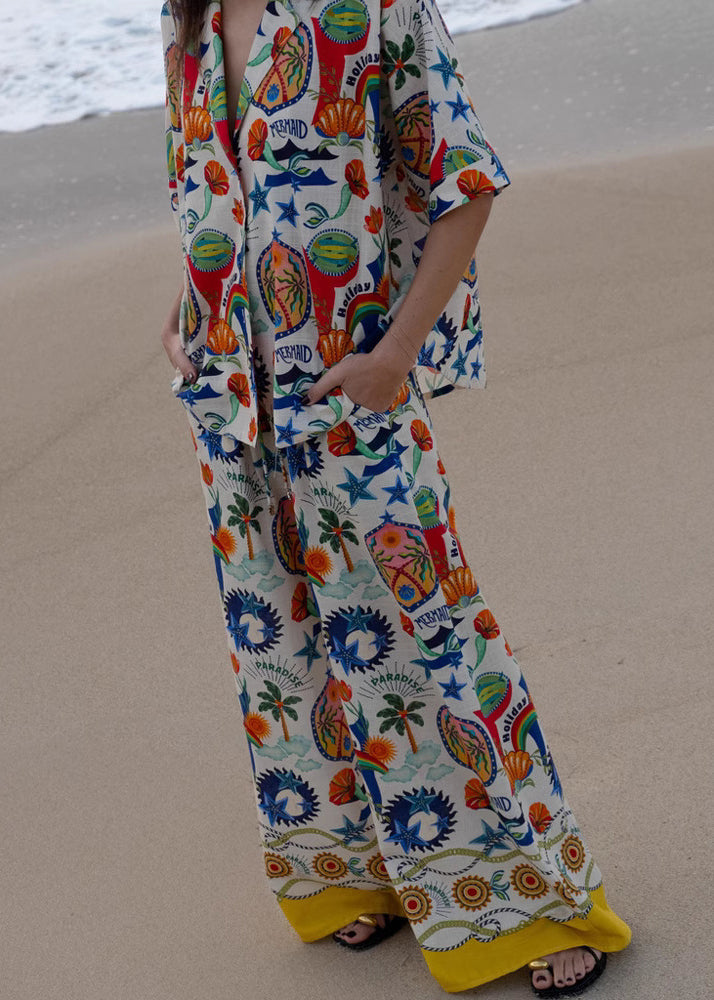 New Pink Print Shirts and Wide Leg Pants Two Pieces Set Summer