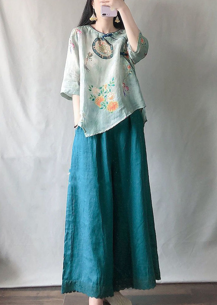 New Pink Print Tops and Yellow Wide Leg Pants Cotton Two-piece Set Half Sleeve