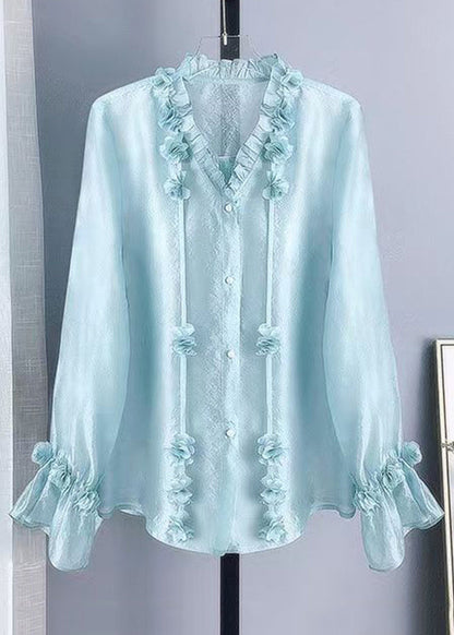 New Pink Ruffled Button Silk Shirt Long Sleeve
