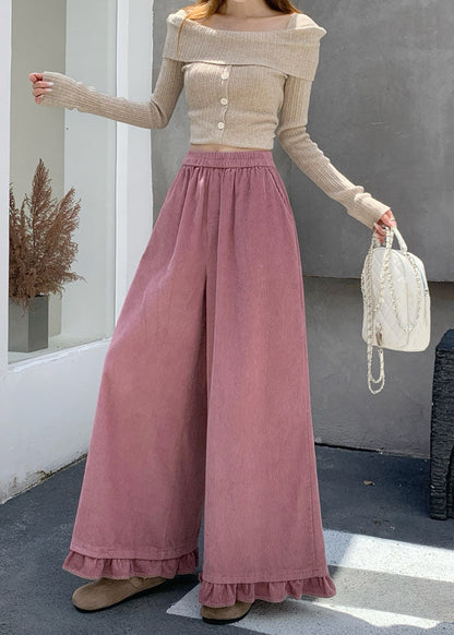 New Pink Ruffled Patchwork Corduroy Wide Leg Pants Spring