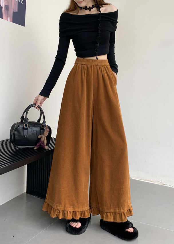 New Pink Ruffled Patchwork Corduroy Wide Leg Pants Spring