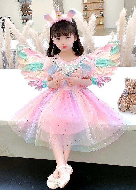 New Pink Sequins Wrinkled Patchwork Tulle Kids Rainbow Dress Summer