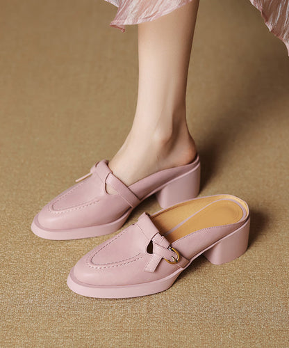 New Pink Splicing Chunky Heel Cowhide Leather Slide Sandals