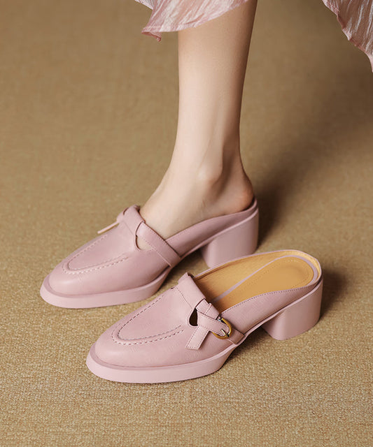 New Pink Splicing Chunky Heel Cowhide Leather Slide Sandals