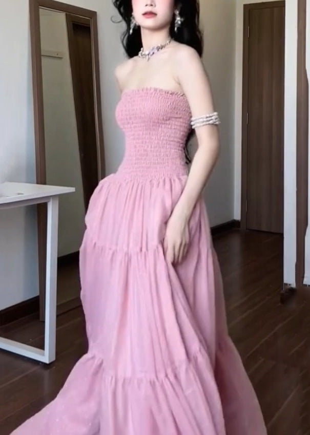 New Pink Strapless Cotton Long Dress Sleeveless