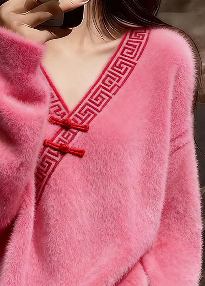 New Pink V Neck Chinese Button Cozy Mink Hair Knitted Sweater Spring