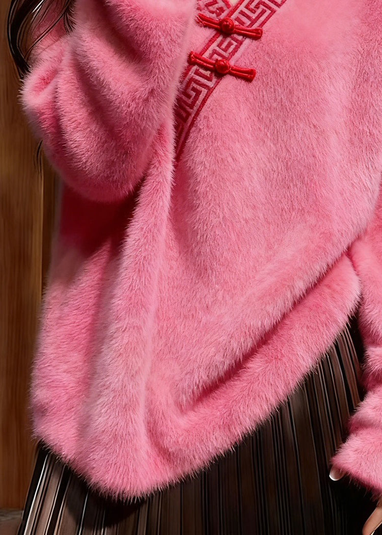 New Pink V Neck Chinese Button Cozy Mink Hair Knitted Sweater Spring