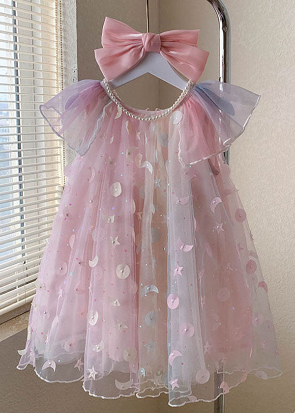 New Pink Wrinkled Nail Bead Patchwork Tulle Kids Dresses Summer