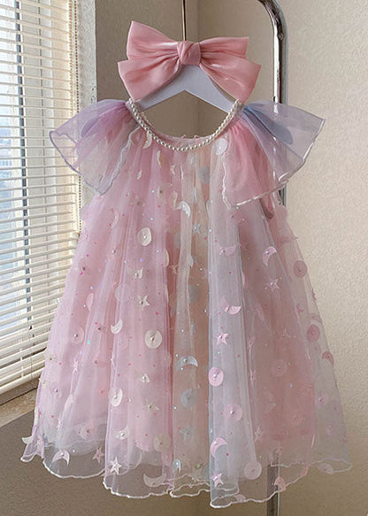 New Pink Wrinkled Nail Bead Patchwork Tulle Kids Dresses Summer