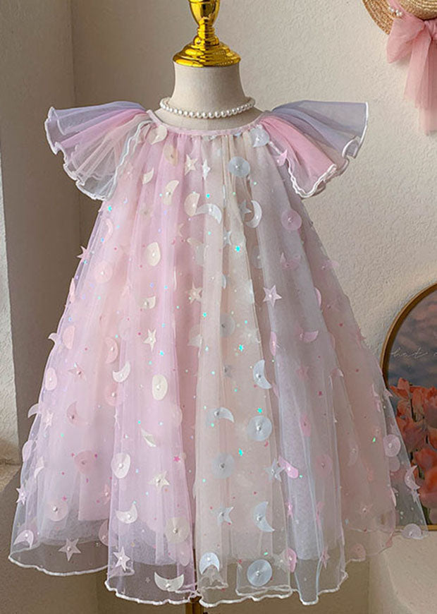 New Pink Wrinkled Nail Bead Patchwork Tulle Kids Dresses Summer