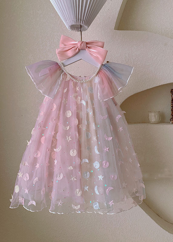 New Pink Wrinkled Nail Bead Patchwork Tulle Kids Dresses Summer