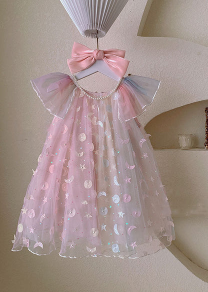 New Pink Wrinkled Nail Bead Patchwork Tulle Kids Dresses Summer