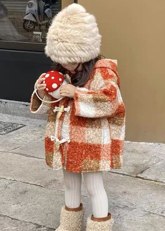 New Plaid Hooded Button Woolen Coat Long Sleeve