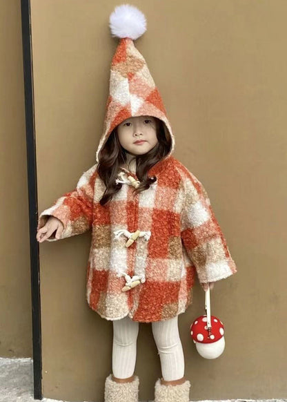 New Plaid Hooded Button Woolen Coat Long Sleeve
