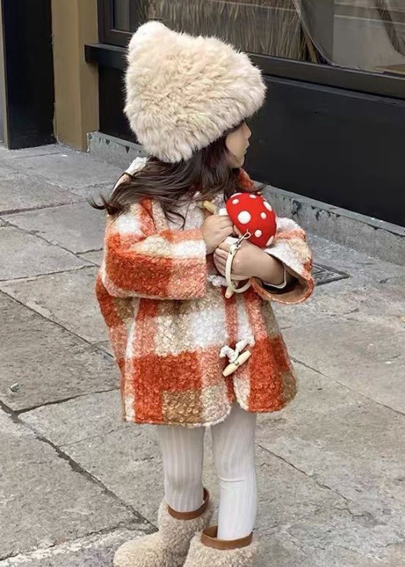 New Plaid Hooded Button Woolen Coat Long Sleeve