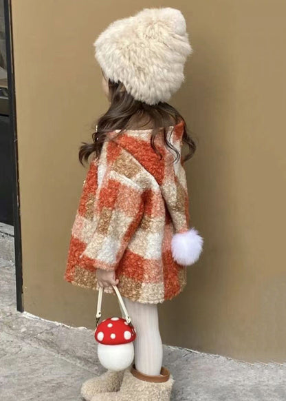 New Plaid Hooded Button Woolen Coat Long Sleeve