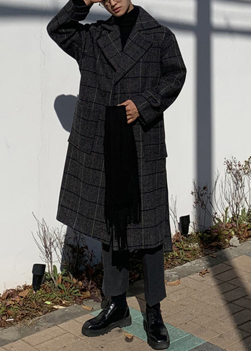 New Plaid Notched Button Pockets Woolen Coats Winter