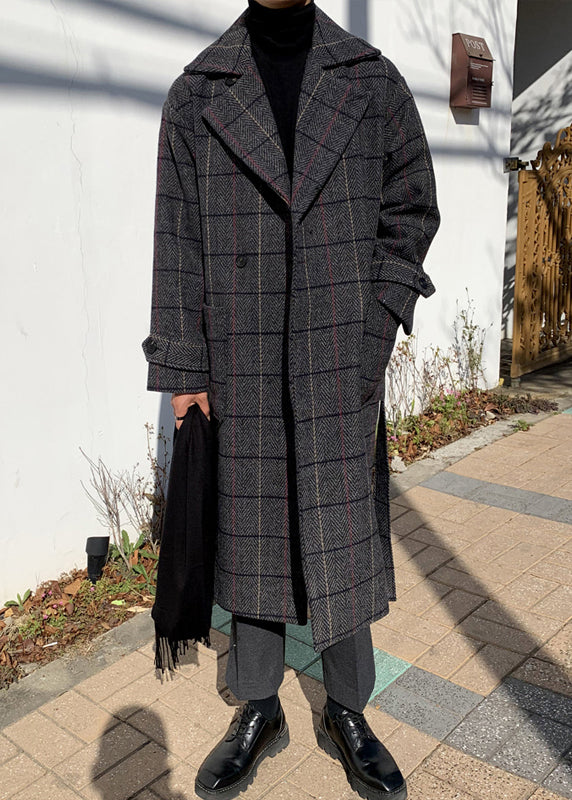 New Plaid Notched Button Pockets Woolen Coats Winter
