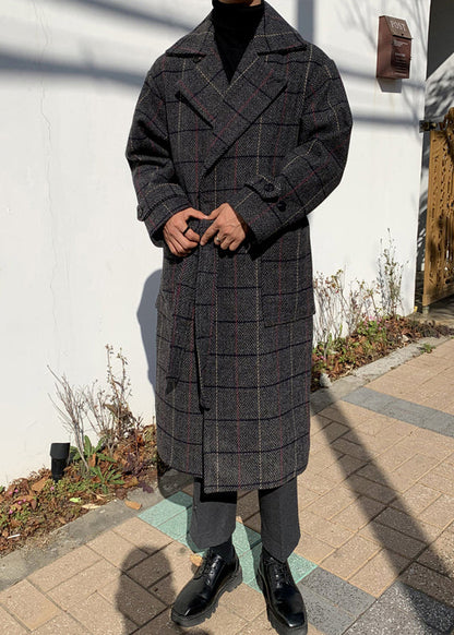 New Plaid Notched Button Pockets Woolen Coats Winter