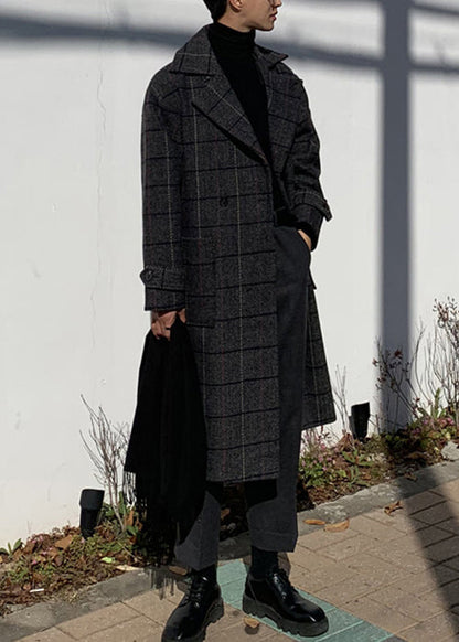 New Plaid Notched Button Pockets Woolen Coats Winter