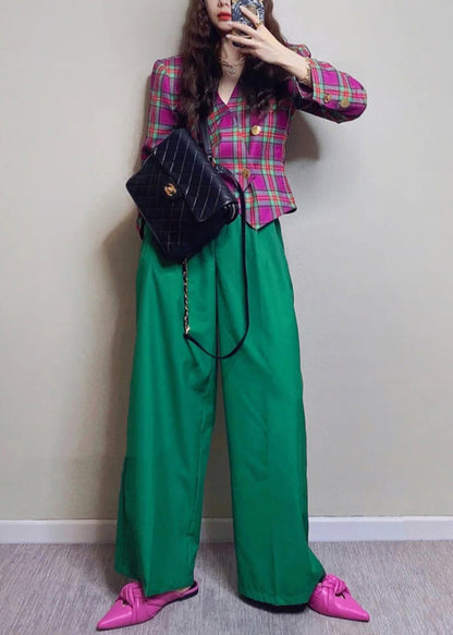 New Plaid Tops and Green Pockets Pants Cotton Two Piece Set Fall