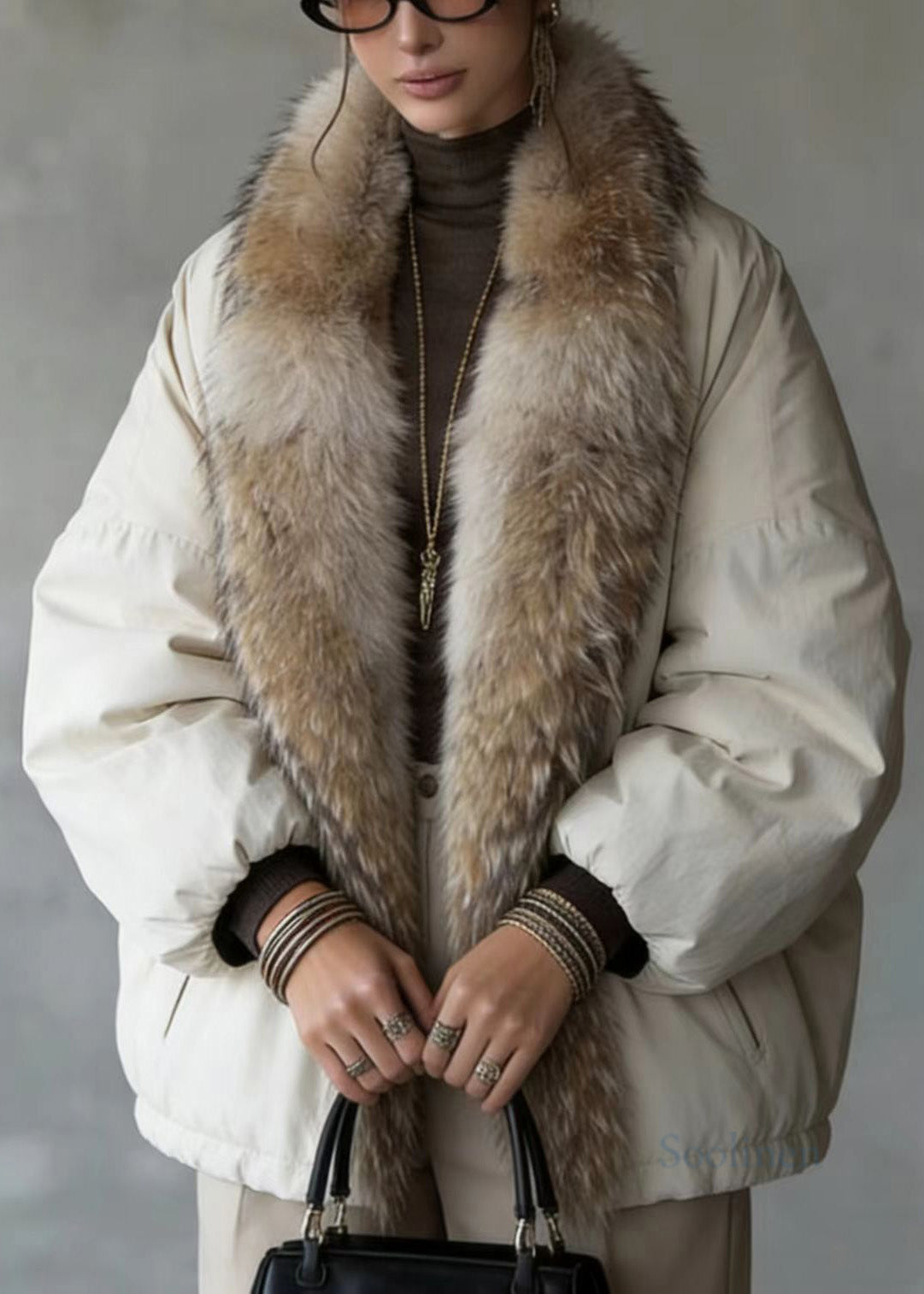 New Pockets Fur Collar Patchwork Fine Cotton Filled Coat Winter